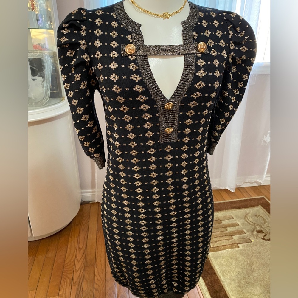 LARA Black and Gold Sheath Mini Dress with Puff Sleeves